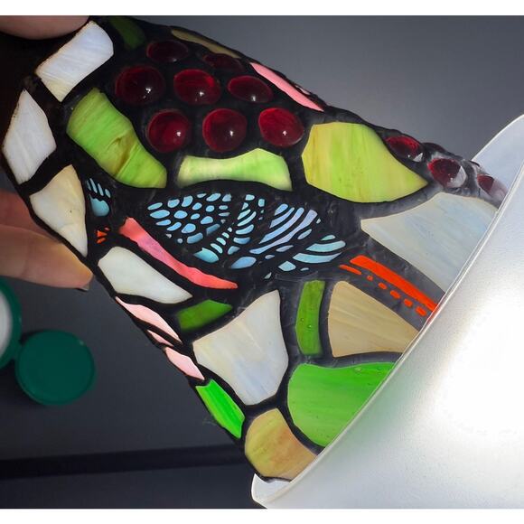 Set Of 3 Vintage Stained Glass Lamp Pendant Light Shade Blue Jay & Berries - Picture 1 of 16